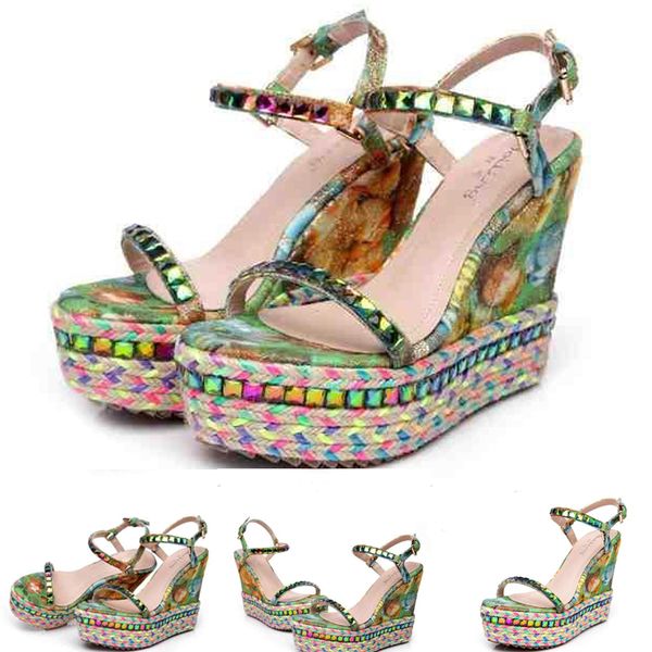 

women high heels sandals red bottom studs platform sandals fashion lady wedges cataclou sandals spikes rivets bohemia party shoes, Black