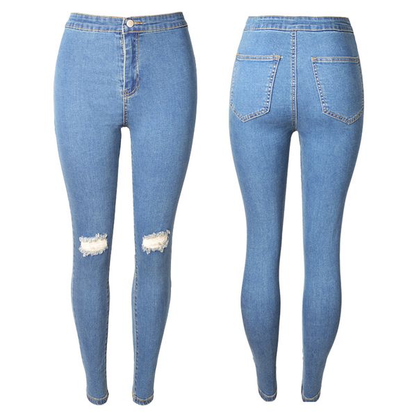 

2018 skinny jeans blue bleach wash distressed rock denim jeans women casual high waist button ripped pants