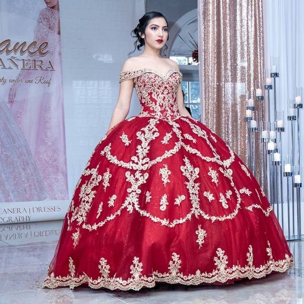 

sparkly beaded sequined ball gown quinceanera dresses off the shoulder neck lace appliqued prom gowns sweep train tulle sweet 15 dress, Blue;red