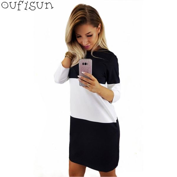 

Oufisun Summer White Black Patchwork Women's Dress 2019New Casual O-neck Three Quarter Dresses Fashion Straight Party Mini Dress