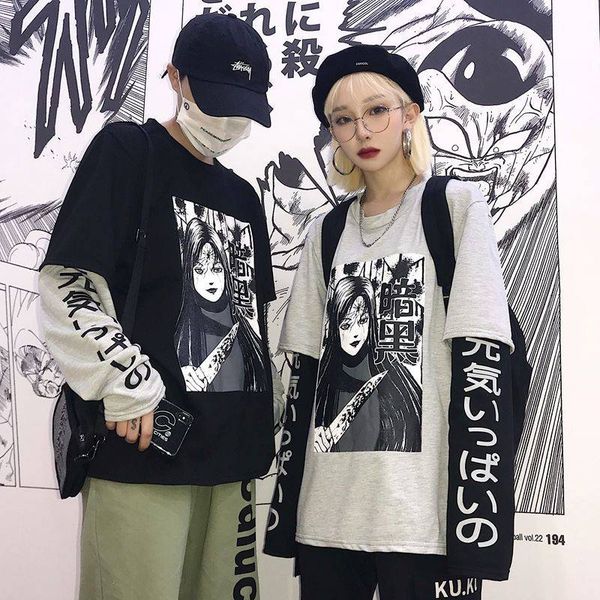 

harajuku tshirt streetwear hip hop t-shirts men women autumn amine t shirt funny long sleeve loose t shirt japan cartoon, White;black