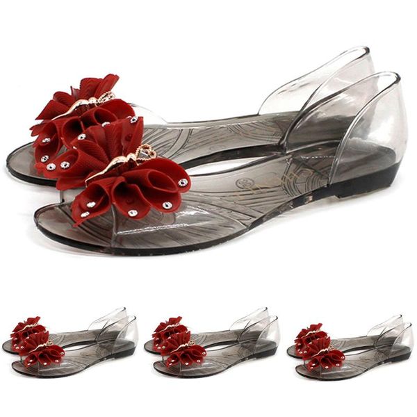 

casual butterfly peep-toe flat single shoes for woman new arrival transparent plastic slip-on beach walk shoes zapatos de mujer, Black