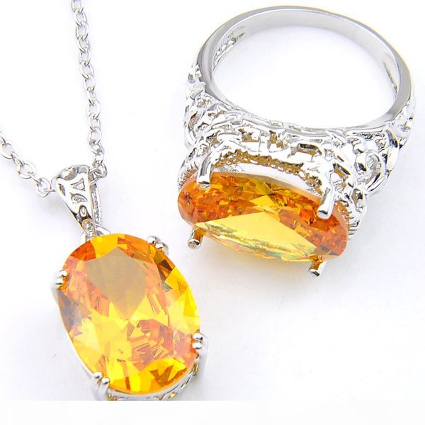 

3 sets lot luckyshine valentine's day gentle fire oval royal citrine gems 925 sterling silver plated wedding pendants rings jewelry set, Slivery;golden
