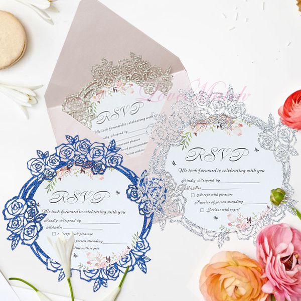 

5pcs flower glitter paper laser cut invitation cards wedding invitations card with envelope wedding decoration supplies