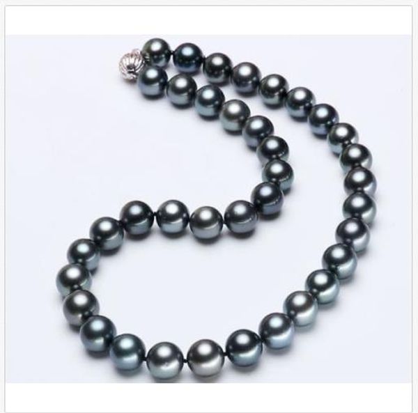 

2019 10-11mm tahitian black green pearl necklace 18inch 925s, Silver