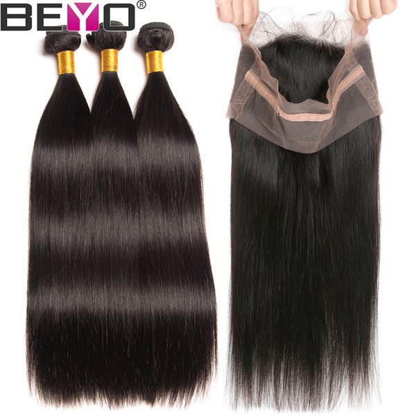 

360 кружева фронтальная с пучком бразильские пучки плетения волос с 360 фронтальная закрытие прямые пучки человеческих волос с закрытием рем, Black;brown