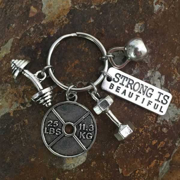 

горячие ancient silver гантели штанга гиря strong is beautiful letter tag charm брелок вера фитнес креативный дизайнер keyring ювелирных изд, Slivery;golden