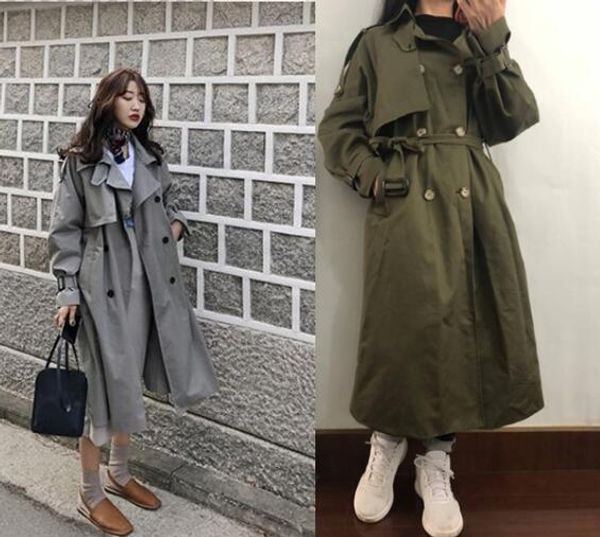 

selling spring casual loose cotton trench coat with sashes oversize double breasted vintage cloak overcoats windbreaker, Tan;black