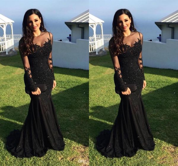 

2019 black long illusion sleeves prom dresses mermaid lace applique sequins sweep train jewel sheer neck plus size evening party gown
