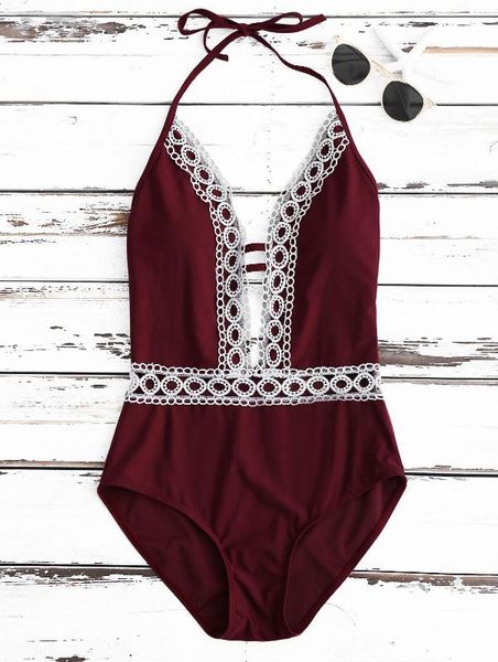 

цельный купальник женщины push-вверх проложенный бюстгальтер бинты кружева v-образным вырезом бикини купальник треугольник купальники, White;black