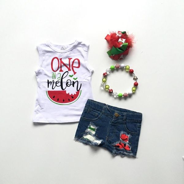 

baby girls summer outfits jeans shorts watermelon baby girls clothes boutique outfits with bow and necklace, White