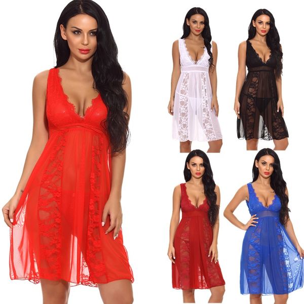 

women's plunging v-neck white bridal lingerie eyelash lace and mesh knee length nightgown sheer babydoll chemise dress sleepwear s-xxl, Black;red