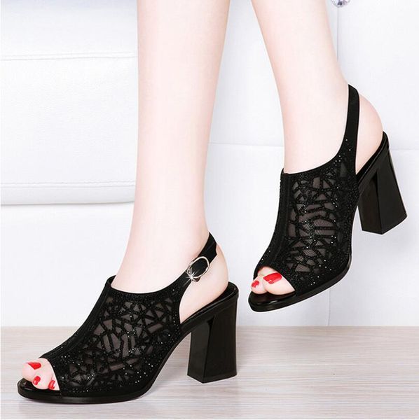 

mesh fish mouth rhinestone thick high heel sandals back strap buckle summer 2019 new female chunky heel hollow out sandal, Black