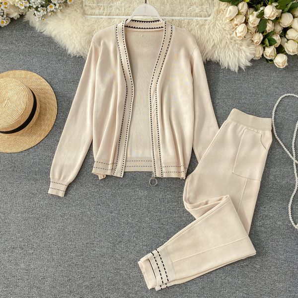 

taovk women knit cardigan zipper jacket joker casual harem pants two-piece suit, White