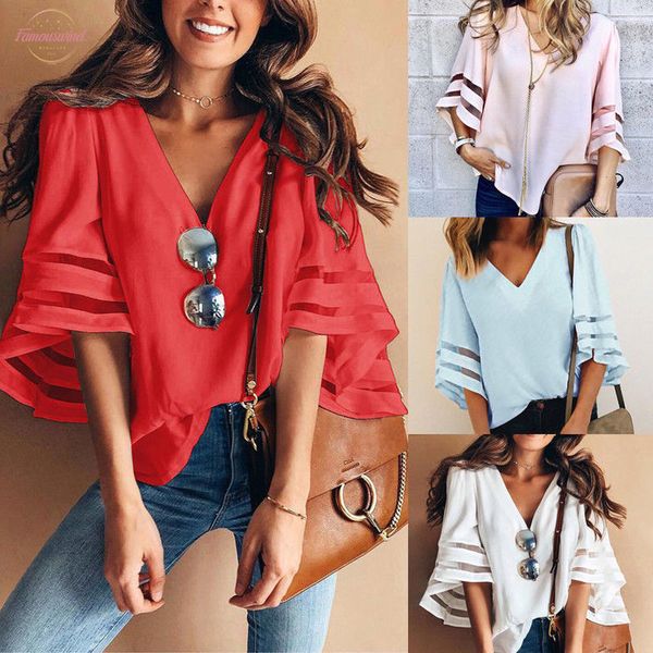 

women casual loose v neck chiffon blouse fashion women lady summer half sleeve solid shirt blusas mujer femme, White