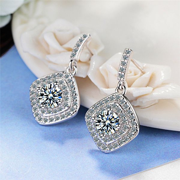 

luxury ladies big round square zircon earrings silver rose gold drop earrings vintage double hanging wedding earrings for women