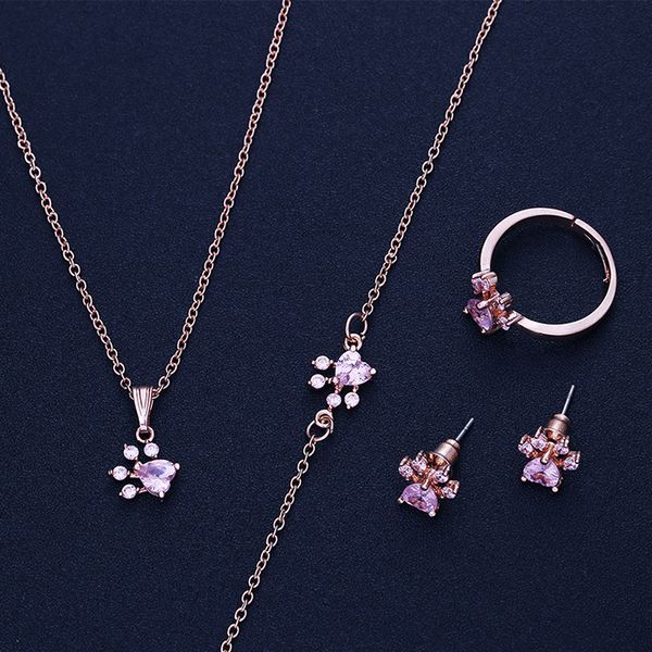 

4pcs footprints jewelry set crystal necklace bracelet ring earings gift, Silver