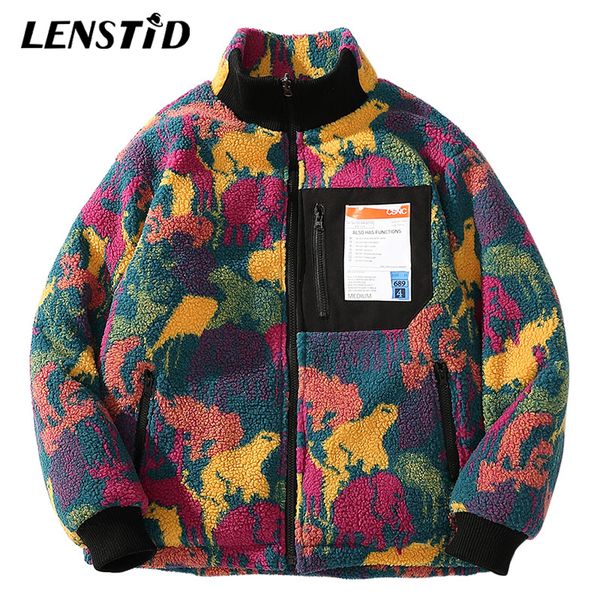 

lenstid hip hop winter fleece reversible jacket parka colorful animal paint camouflage streetwear men harajuku windbreaker coats, Black