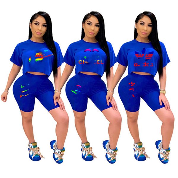 

plus size 2xl summer women brand sport two piece set short sleeve t-shirt shorts designer letter outfits casual blue sportswear dhl 2974, Gray