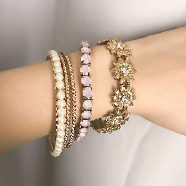 

5pcs bracelet bangles for women set fashion spiral pattern simple geometric sunflower with drill pearl crystal female bracelet, Black