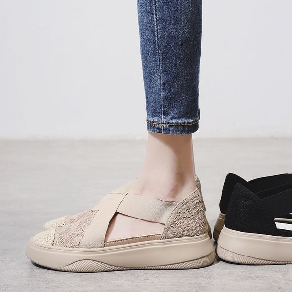 

shoes woman flats all-match women tennis female platform round toe casual sneaker dress breathable creepers summer new, Black