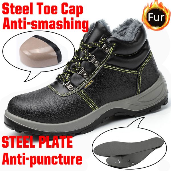 

winter safety work shoes men with steel toe snow boots fur waterproof indestructible shoes for outdoor ankle boot footwear, Black