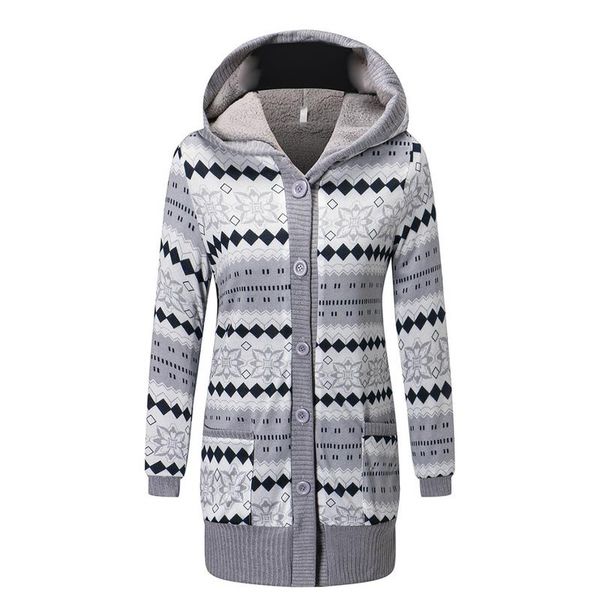 

2018 new winter autumn style long sleeve thick hooded sweat coat fleece lined thickened printed casual knitting cardigan coat, White;black