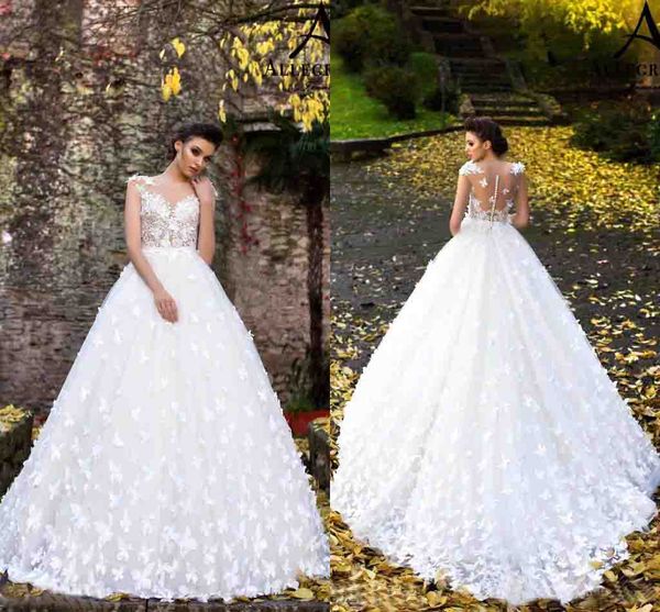 

2019 белый новый бабочки ручной работы цветы flare установлены свадебные свадебные платья новый sheer шеи cap рукава аппликация длинные свад, White