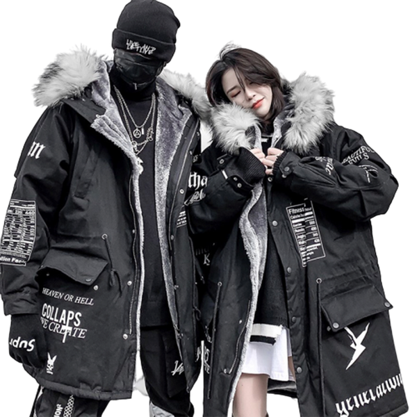 

the new hip-hop winter coat women long fur collar warm parka 2020 street style oversize couple hooded fleece jacket ladies coat, Black