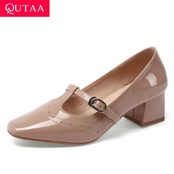 

qutaa 2020 cow leather shallow women shoes western style round toe spring ladies pumps square heel buckle single shoes size34-39, Black