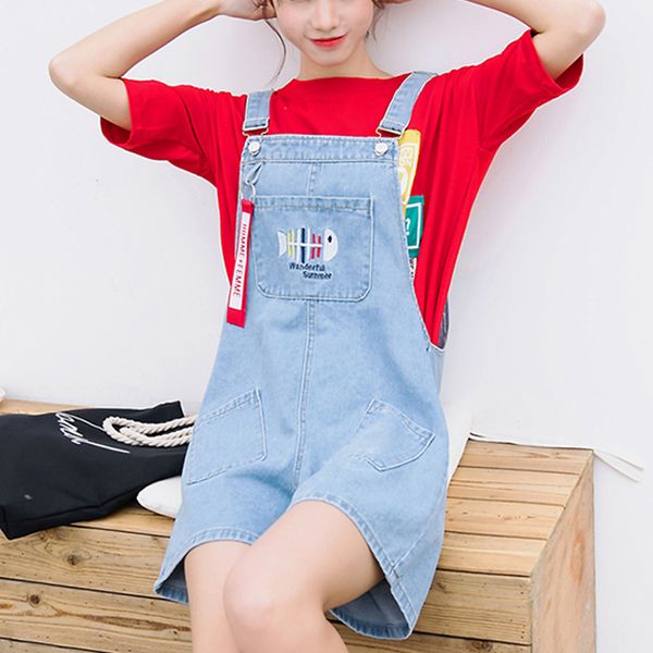 

2019 new denim overalls women summer lovely jumpsuits spring denim jeans overalls shorts female embroidered fish overall jumpsui, Blue