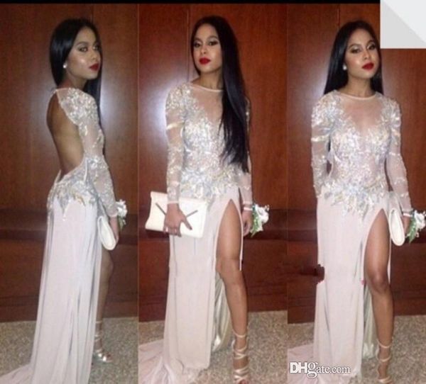 

2019 new backless evening dresses sheer crew neck long sleeves high slit sweep train appliques sweep train prom gowns, Black;red