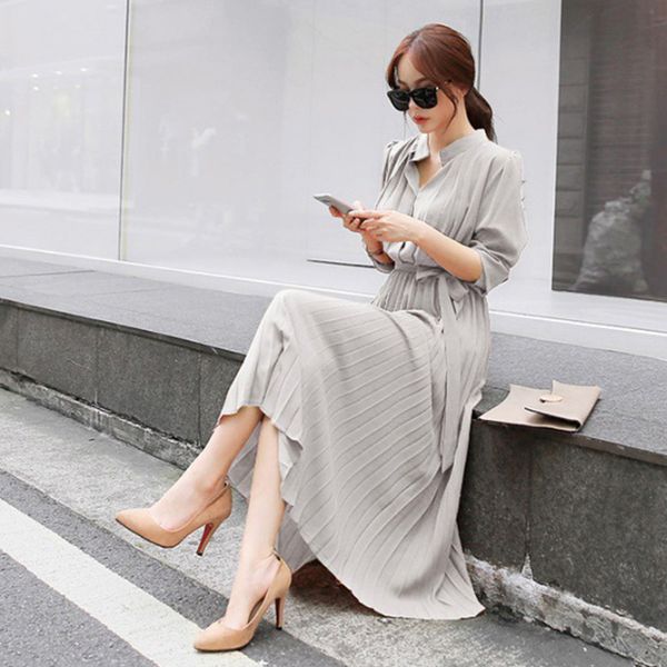 

korean women's pleated elegant long dress female slim stand collar high waist sashes maxi dresses spring solid fashion clothes, Black;gray