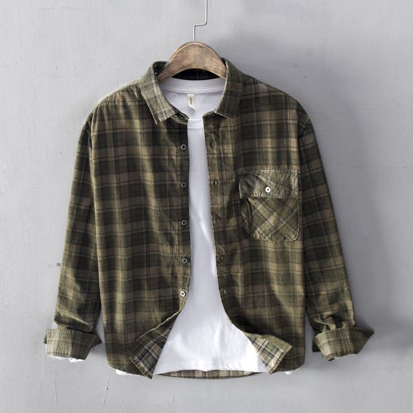 

spring autumn long sleeve plaid shirts men 100% cotton corduroy comfortable army green shirt mens brand clothes, White;black