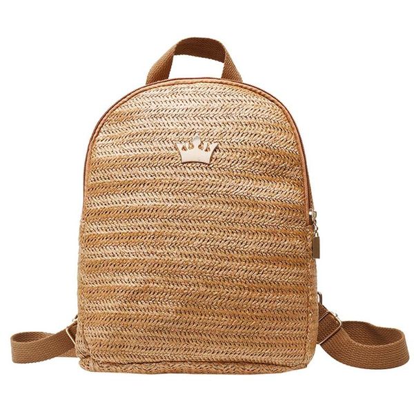 

aelicy straw woven travel backpacks women shoulder schoolbags crown decor knapsack bolsa feminina