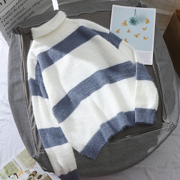 

turtleneck sweater women autumn loose high neck collar striped pullovers ladies chic knitted jumper knitwear winter clothes, White;black