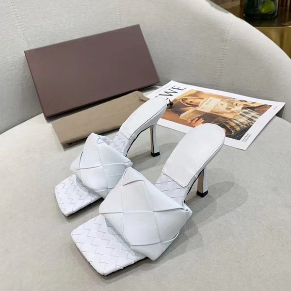 Lido-Sandalen für Damen mit hohem Absatz, gewebte Leder-Pantoletten mit quadratischer Sohle, Damen-Slipper, sexy Strand-Flat-Slides, Leder-Hochzeitsschuhe