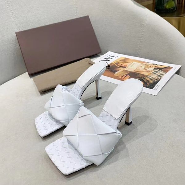 

women high heel lido sandals woven leather mules with squared sole women slipper beach flat slides leather wedding shoes, Black
