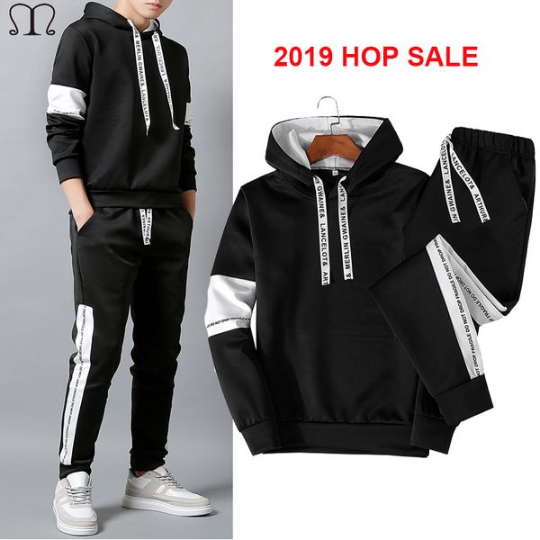 

casual tracksuit set men fashion 2019 jogger sports sportswear suits spring autumn two pieces hoodies pants set male sweat suit two sets/lot, Black