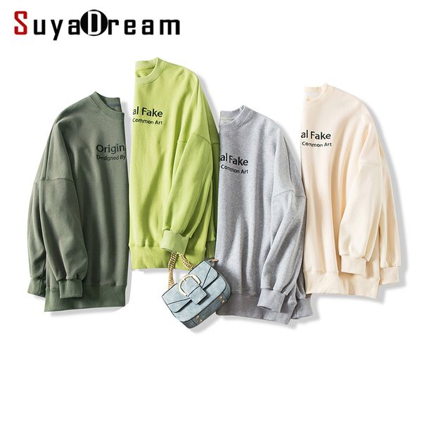 

suyadream loose cotton sweatshirts o neck drop shoulder letter emboridery pullovers 2019 autumn winter shirt, Black