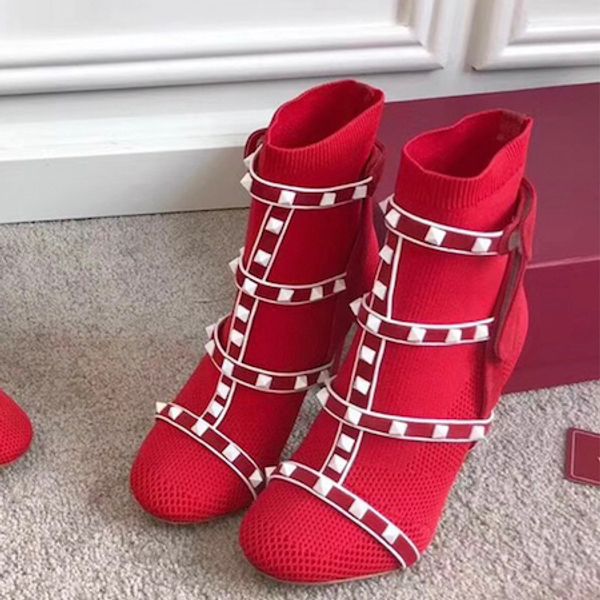 

new fashion designer studs sock boots luxury ladies work ankle boots with leather straps 105mm high heel shoes christmas gifts size 36-40, Black