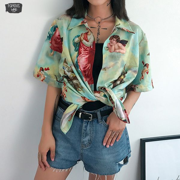 

koreaanse gedrukt angel shirt vrouwen half sleeve vintage t-shirt dames turn-down kraag tee harajuku shirt vrouwen zomer, White