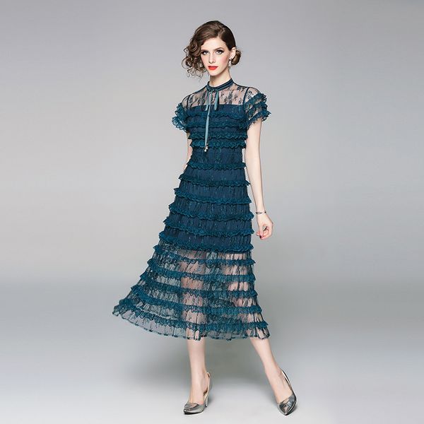 

casual dresses lace dress summer see-through tulle midi for women 2021 green short sleeve vestidos, Black;gray