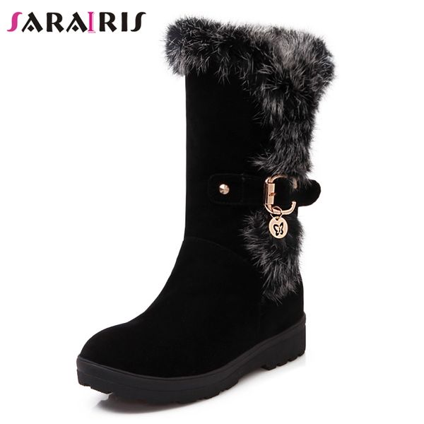 

sarairis new fashion large size 34-41 increase heels mid calf boots women shoes add fur warm winter shoes woman boots, Black