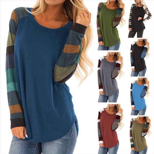 

round collar long sleeve color block stitching pullover female t-shirt pullover women's 251469, White