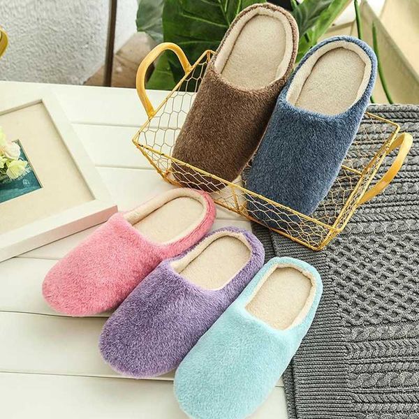 

slippers winter home men and women solid color fashion couple plush non-slip warm indoors bedroom floor shoes, Black