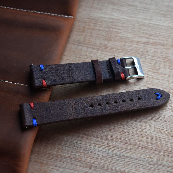 

onthelevel 18mm 20mm 22mm watch leather strap handmade vintage stitching red blue line genuine leather watch band #d, Black;brown