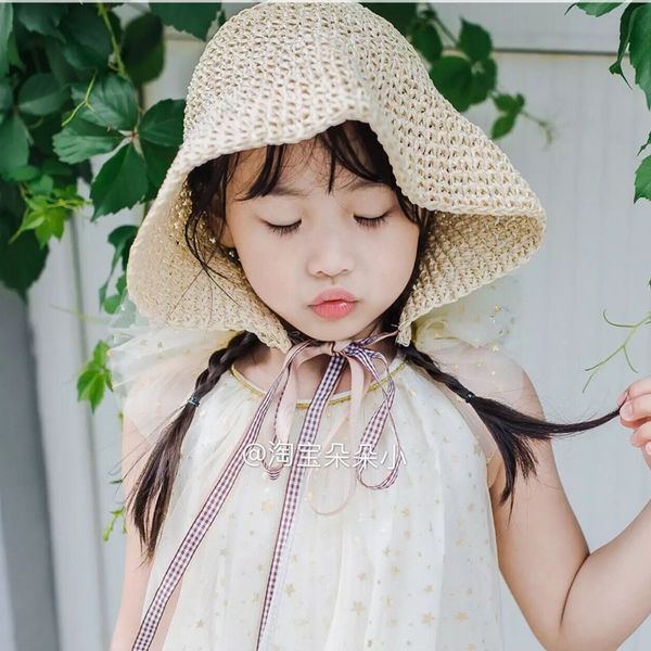 

children lace strap crochet straw hats baby boy girl handmade summer foldable sun cap outdoor holiday protection parent-child, Yellow
