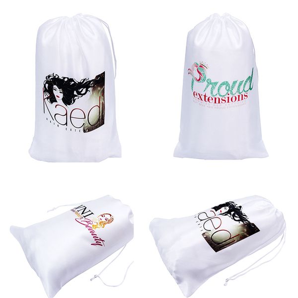 

custom logo printed 50pcs/lot polyester satin silk white bags drawstring hair bags packaging hair extension packaging