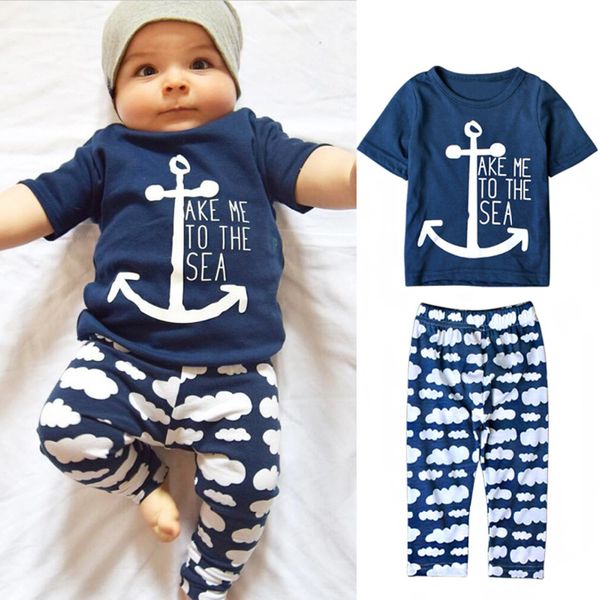

puseky navy sailor baby boys clothes sets anchor short sleeve letter printing t shirt clouds long pants 2 pcs newborn girl cloth, White